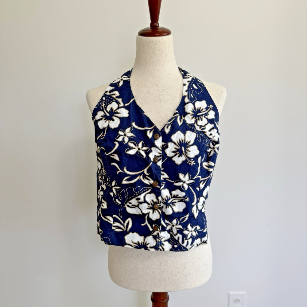 Hilo Hattie's Hawaiian Womens Hibiscus Top Button down Blue Size XL Crop Halter